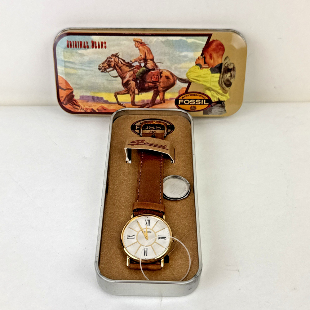Vintage Fossil Leather Band Watch PARTS Only includes Horse rider tin Repairs